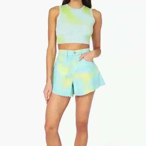 We Wore What Flare Bell Shorts, Stretch Twill Denim in Zvi Tie Tye. Size 26. NWT